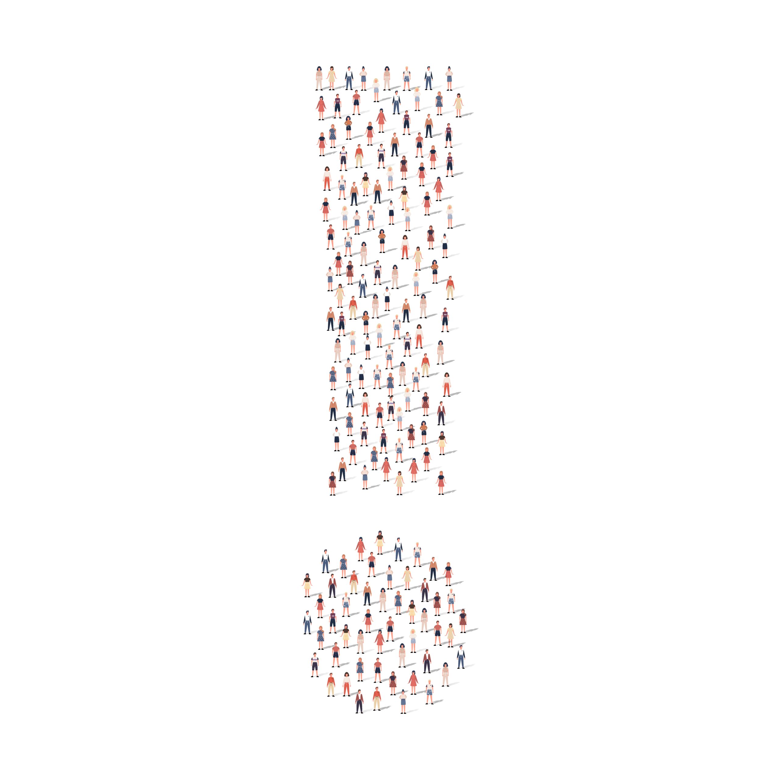 Large group of people different silhouette crowded together in exclamation shape isolated on white background. Vector illustration